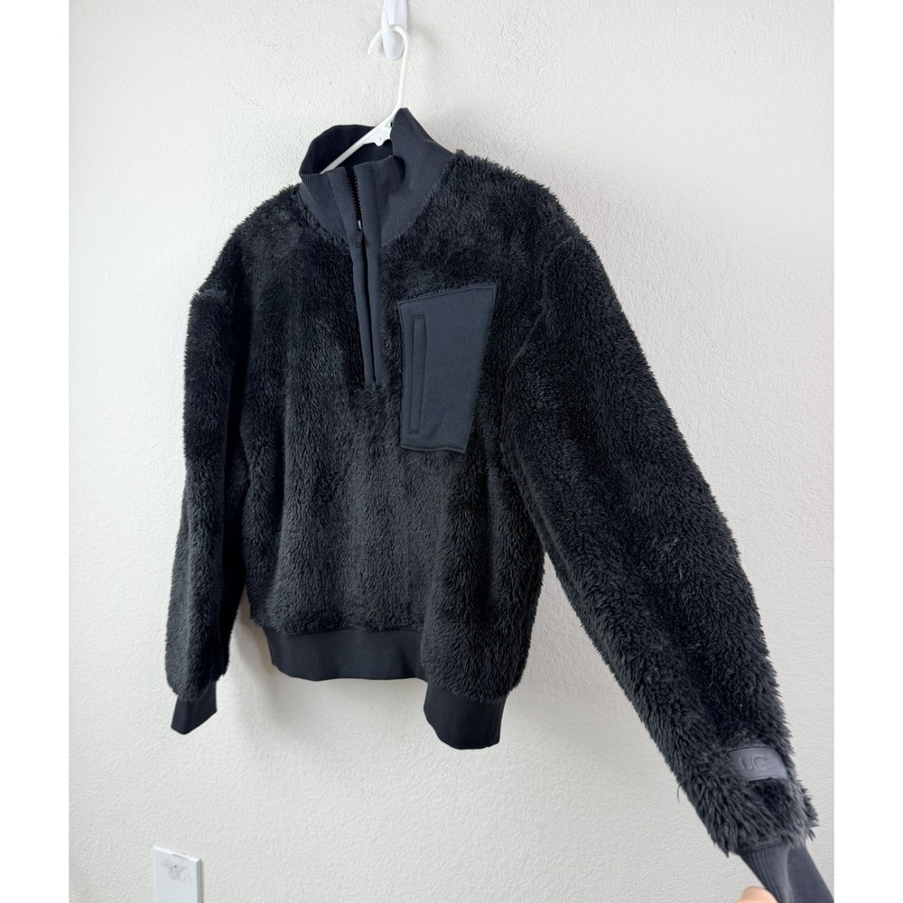 UGG Sherpa Fleece Pullover Women's M Black Half Zip Teddy Faux Fur Granola Cozy‎ - Picture 3 of 8